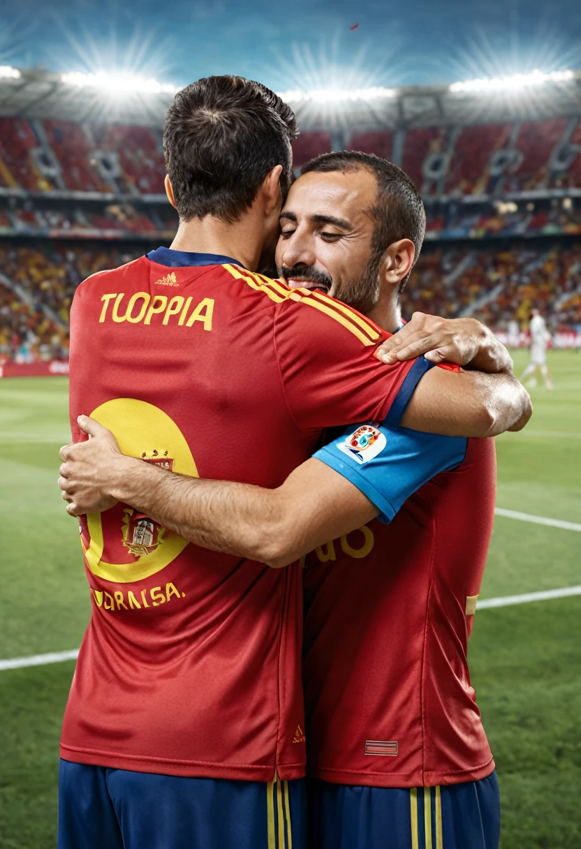 I want you to create a drawing on the theme of football brotherhood between Spain and Turkey. The drawing shows players from the national football teams of Spain and Turkey hugging each other in a friendly way. The flags and soccer stadiums of both countries are in the background. The overall mood of the drawing should be a message of friendship and brotherhood.