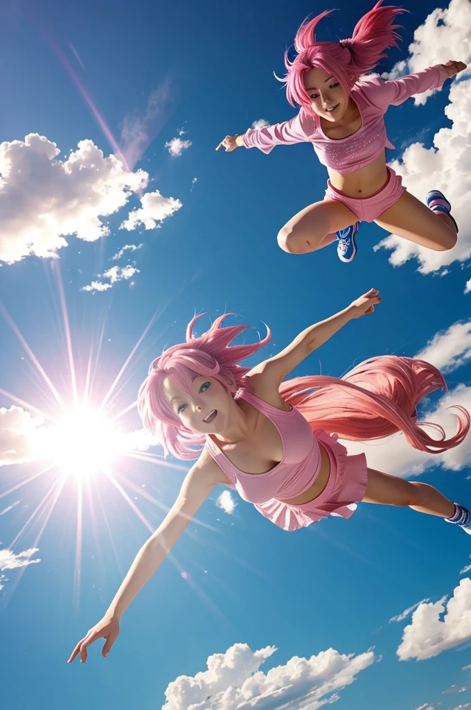 Anime girl with pink hair falling from the sky at high speed, while his body shines with his Miraculous power 