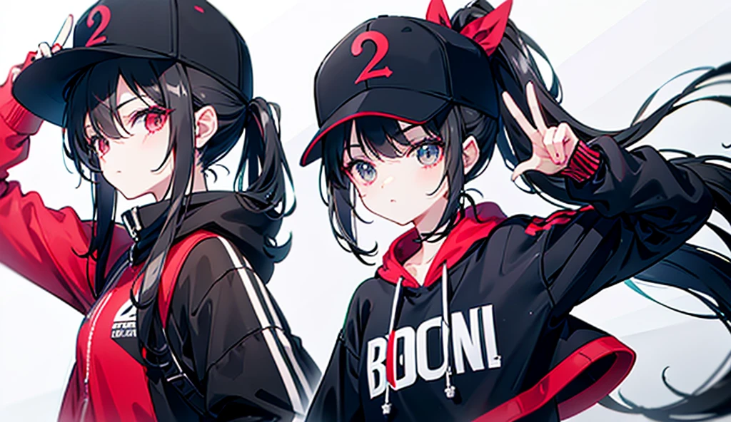 (ponytail),(Black Hair),beautiful girl,Peace sign near face, Wear a black hat,Red sneakers,It's a little far away,White tops,Black jacket,Black shorts,Tall buildings,signal machine,A lot of people,smile,In the city