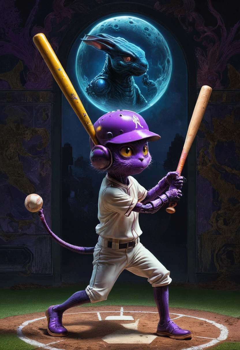 1boy, baseball player, batting stance, (alien dressed as a baseball player, batting) a masterpiece, 8k resolution, dark fantasy concept art, by Greg Rutkowski, dynamic lighting, hyperdetailed, intricately detailed, Splash screen art, trending on Artstation, deep color, Unreal Engine, volumetric lighting, Alphonse Mucha, Jordan Grimmer, purple and yellow complementary colours, masterpiece, best quality, very aesthetic, absurdres