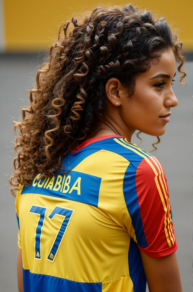 The image must represent a woman seen from the back, with curly hair and a little below the shoulders, wearing the Colombian national team shirt. Next to her, debe haber un bebé de 3 meses también wearing the Colombian national team shirt, In blue, Red and yellow. On the woman's t-shirt, I would like the name to appear "Pao".