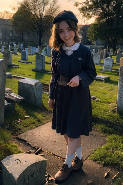 Young beautiful girl, Emma Myers, American, SOFT SMILING FACE, HAVE A BROWN HAIR, wears a old work cap, 19th century, poverty-stricken clothes, old torn clothes, 19th century period clothing, holding a bouquet, standing before her grandparents' tombstones, cemetery background, dark cities background, night time, midnight background.