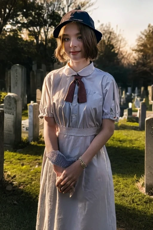 Young beautiful girl, Emma Myers, American, SOFT SMILING FACE, HAVE A BROWN HAIR, wears a old work cap, 19th century, poverty-stricken clothes, old torn clothes, 19th century period clothing, holding a bouquet, standing before her grandparents' tombstones, cemetery background, dark cities background, night time, midnight background.