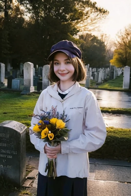 Young beautiful girl, Emma Myers, American, SOFT SMILING FACE, HAVE A BROWN HAIR, wears a old work cap, 19th century, poverty-stricken clothes, old torn clothes, 19th century period clothing, holding a bouquet, standing before her grandparents' tombstones, cemetery background, dark cities background, night time, midnight background.