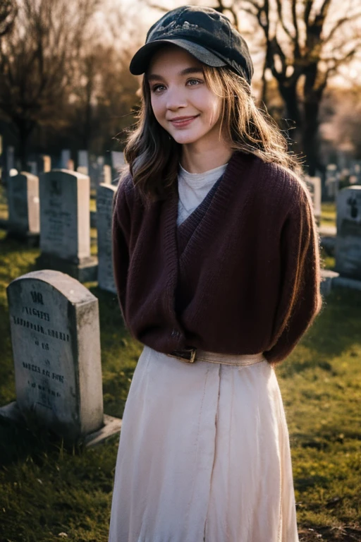 Young beautiful girl, Emma Myers, American, SOFT SMILING FACE, HAVE A BROWN HAIR, wears a old work cap, 19th century, poverty-stricken clothes, old torn clothes, 19th century period clothing, holding a bouquet, standing before her grandparents' tombstones, cemetery background, dark cities background, night time, midnight background.