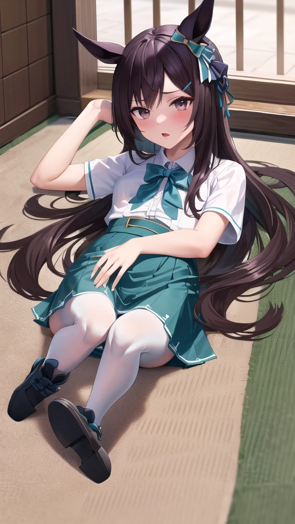 masterpiece, best quality, highres, ccsuzuka, long hair, animal ears, ear covers, white hairband, horse tail, white shirt, green ribbon, short sleeves, blue skirt, black pantyhose,((lying,vaginal,sex))