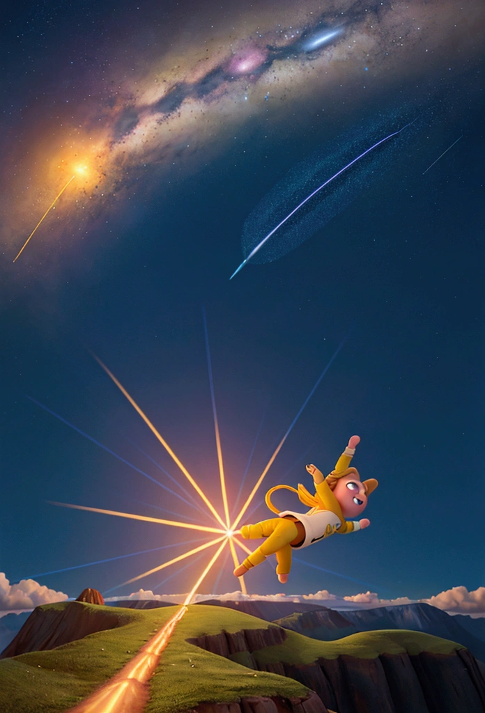 A shooting star leaving a golden trail of light as it descends from the sky toward Earth.