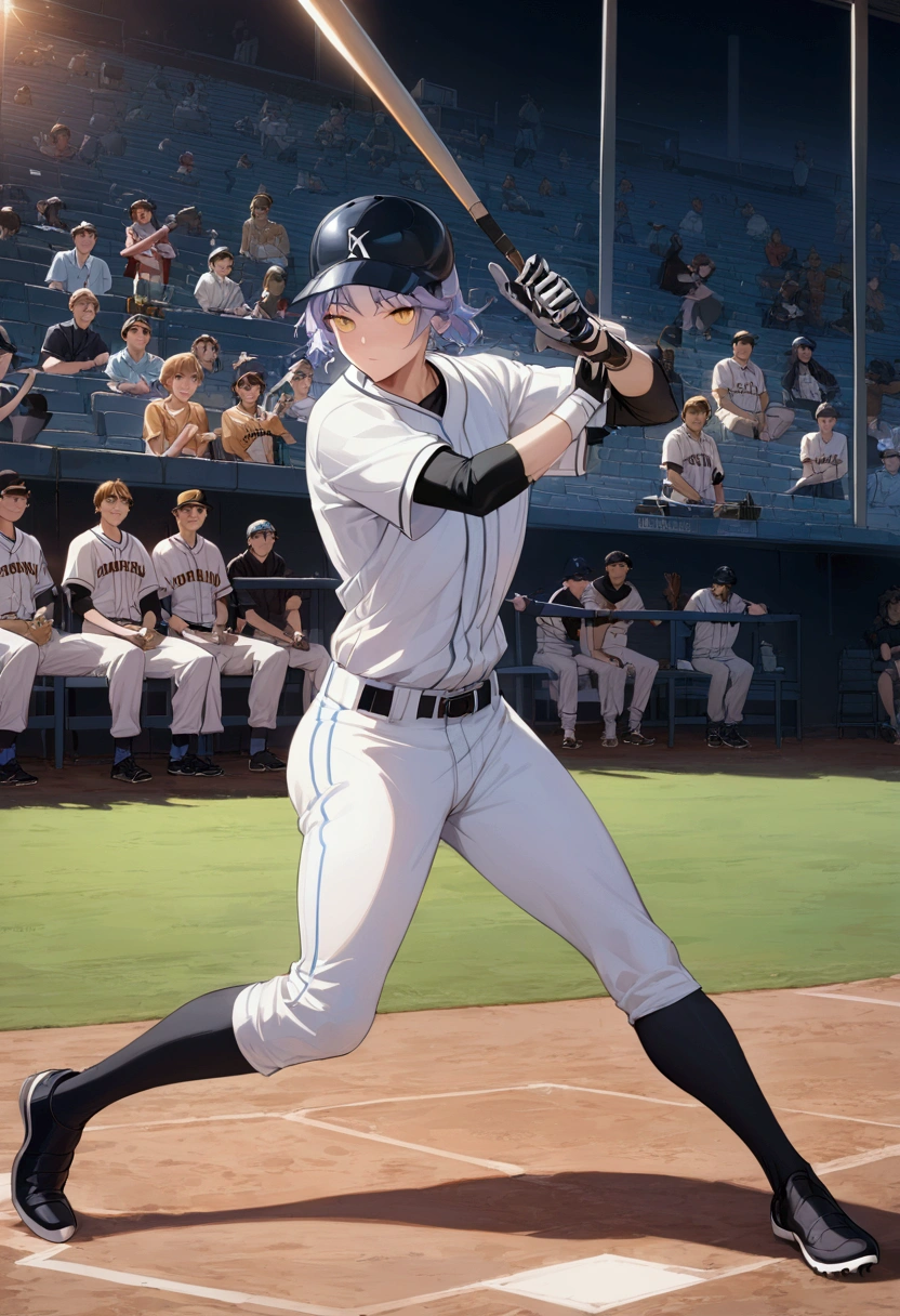 1boy, baseball player, batting stance, (alien dressed as a baseball player, batting) a masterpiece, 8k resolution, dark fantasy concept art, by Greg Rutkowski, dynamic lighting, hyperdetailed, intricately detailed, Splash screen art, trending on Artstation, deep color, Unreal Engine, volumetric lighting, Alphonse Mucha, Jordan Grimmer, purple and yellow complementary colours, masterpiece, best quality, very aesthetic, absurdres