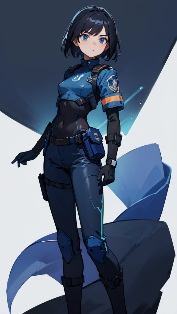 1,An android that resembles a human,Deep blue eyes,Short black hair,Dark blue uniform,Island symbol on chest,Armband on right arm,gloves,Dark blue pants for easy movement,Many side pockets,Black leather boots,badge,White background,whole body,Character portrait,