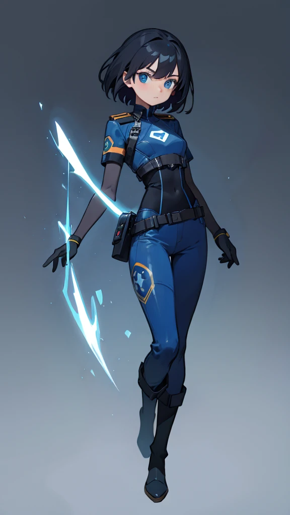 1,An android that resembles a human,Deep blue eyes,Short black hair,Dark blue uniform,Island symbol on chest,Armband on right arm,gloves,Dark blue pants for easy movement,Many side pockets,Black leather boots,badge,White background,whole body,Character portrait,