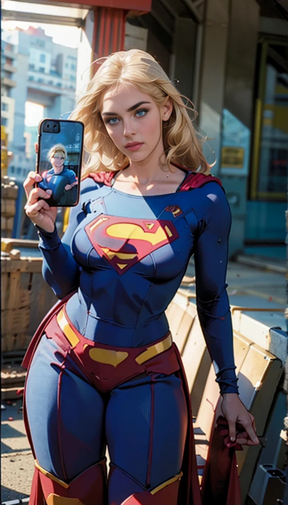 A 23-year-old blonde woman, with large breasts and hints of light brown roots in her long, gorgeous blonde hair, is seen taking a selfie in front of a digital library. The image is of exceptional quality, a true-to-life masterpiece, captured in high definition 4k, in the elegant style of a Suicide Squad character. The blonde woman wears a black escotada shirt, and her cleavage is accentuated in the selfie. The library background is in focus, with volumeric lighting and intricate details, creating a dramatic and cinematic effect. The selfie was skillfully taken with an iPhone and edited using Adobe Lightroom or PhotoDirect