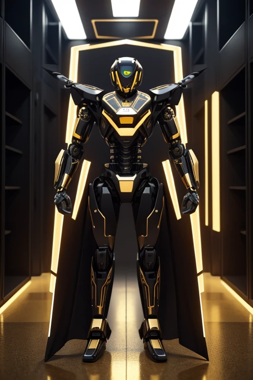 humanoid drone, robot, mechanical, black and gold machine