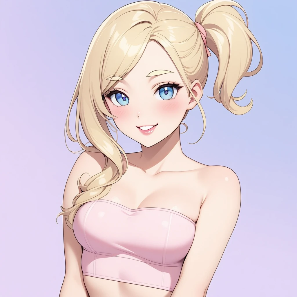 Woman, light blonde hair, pale blue eyes, rosy cheeks, lipgloss, solo, smiling, sassy, bright smile, pink strapless crop top, high side ponytail, light blonde eyebrows, delicate, flat, feminine, pastel pink, posing, flirty, childish, sexy, cute, no breast