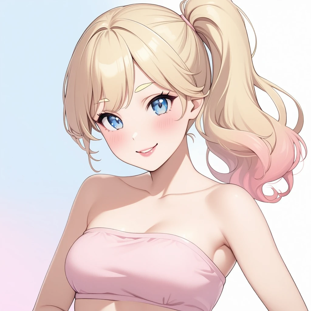 Woman, light blonde hair, pale blue eyes, rosy cheeks, lipgloss, solo, smiling, sassy, bright smile, pink strapless crop top, high side ponytail, light blonde eyebrows, delicate, flat, feminine, pastel pink, posing, flirty, childish, sexy, cute, no breast