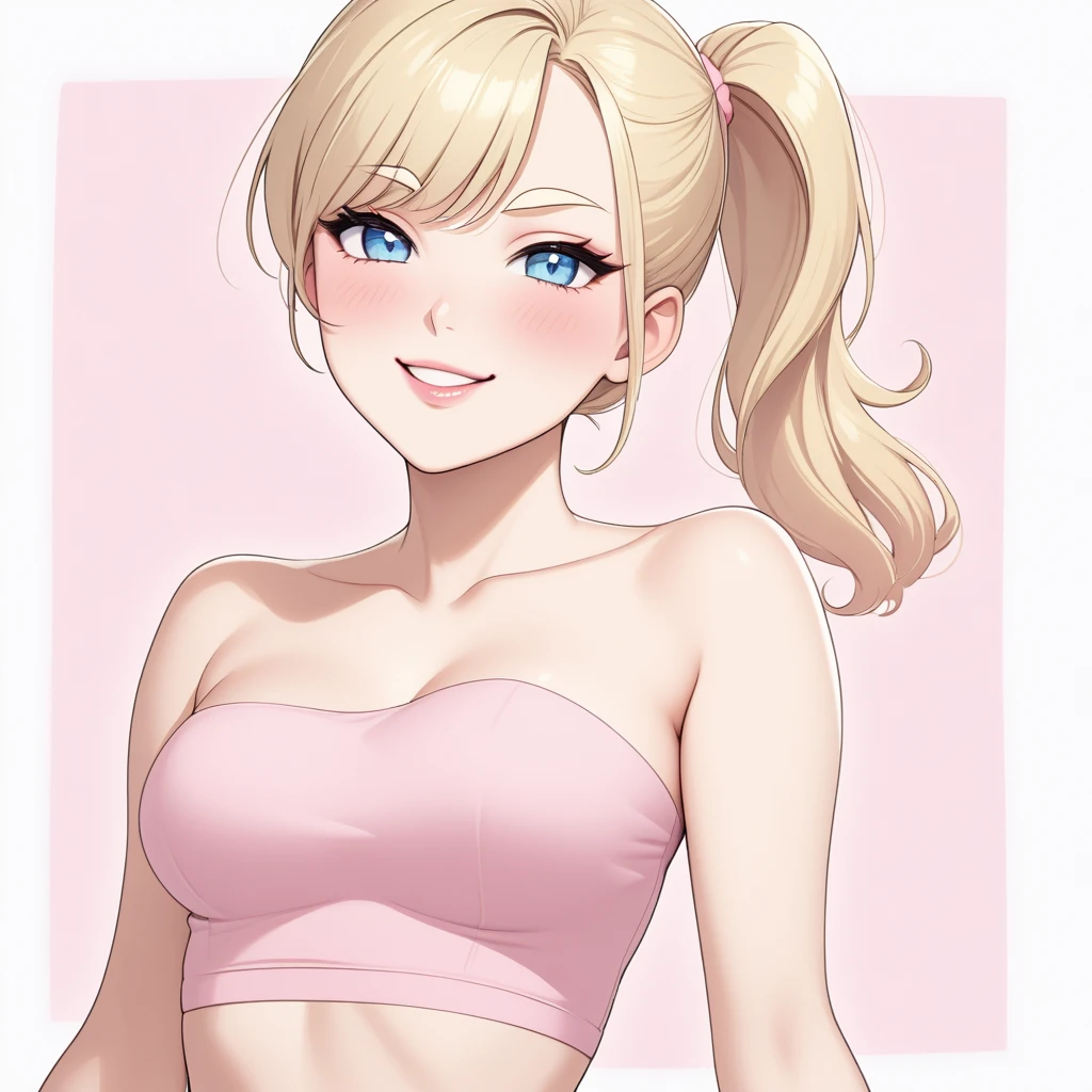 Woman, light blonde hair, pale blue eyes, rosy cheeks, lipgloss, solo, smiling, sassy, bright smile, pink strapless crop top, high side ponytail, light blonde eyebrows, delicate, flat, feminine, pastel pink, posing, flirty, childish, sexy, cute, no breast