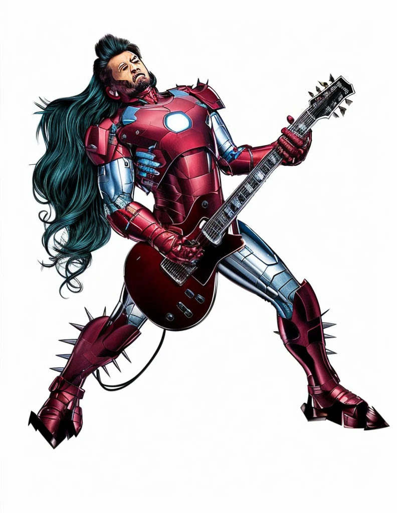 Iron Man, spikes on costume,  platform shoes, playing electric guitar, back arched back, head tilted,  long flowing hair