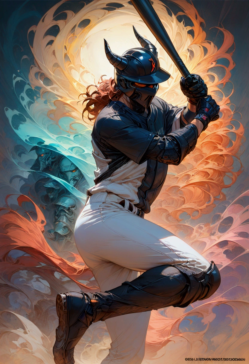 1boy, baseball player, batting stance, (alien dressed as a baseball player, batting) a masterpiece, 8k resolution, dark fantasy concept art, by Greg Rutkowski, dynamic lighting, hyperdetailed, intricately detailed, Splash screen art, trending on Artstation, deep color, Unreal Engine, volumetric lighting, Alphonse Mucha, Jordan Grimmer, purple and yellow complementary colours, masterpiece, best quality, very aesthetic, absurdres