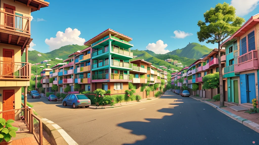 A vibrant image of a favela with colorful houses and authentic details. Add flowers of different colors and species along the streets and on the balconies of houses. Include leafy trees that stand out among buildings, bringing a touch of nature to the urban environment. The setting should showcase the beauty and resilience of the community, with vegetation adding life and color to the space.