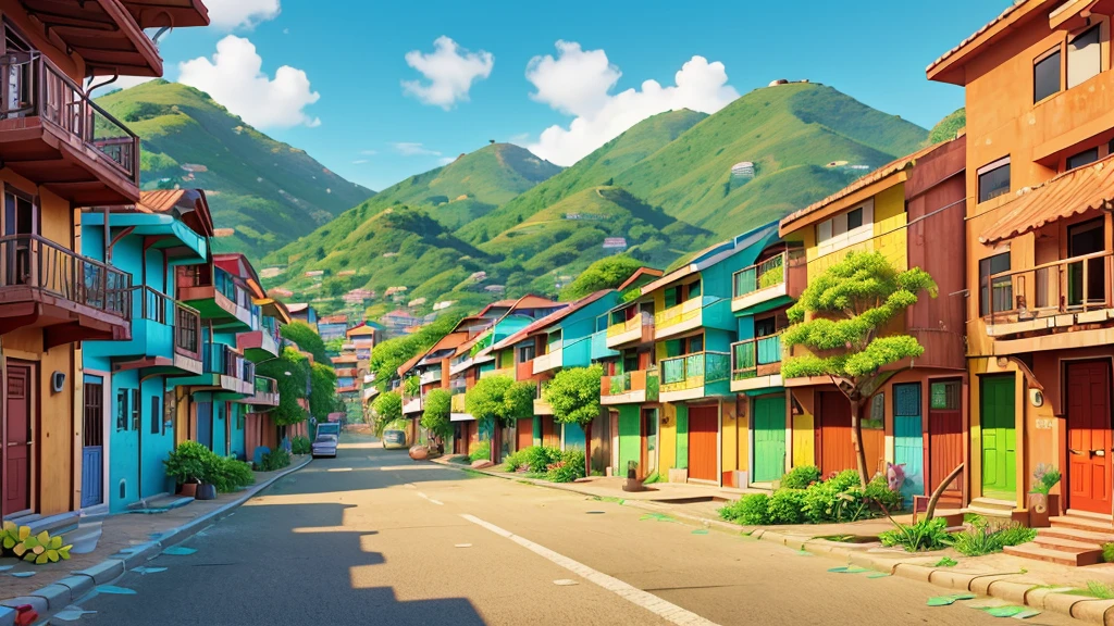 A vibrant image of a favela with colorful houses and authentic details. Add flowers of different colors and species along the streets and on the balconies of houses. Include leafy trees that stand out among buildings, bringing a touch of nature to the urban environment. The setting should showcase the beauty and resilience of the community, with vegetation adding life and color to the space.