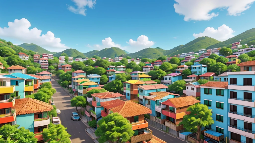 A vibrant image of a favela with colorful houses and authentic details. Add flowers of different colors and species along the streets and on the balconies of houses. Include leafy trees that stand out among buildings, bringing a touch of nature to the urban environment. The setting should showcase the beauty and resilience of the community, with vegetation adding life and color to the space.