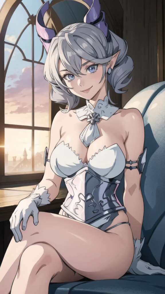 Beautiful arts wallpaper Sunset Outside castle top  High level image quality　best image quality　8K　 adult woman   silver castle outside  more colors   whole body view　portrait　 bikini blue   　horn    ears  　short hair（（shortcut）（gray hair）（perm）（fluffy））　eye color is blue ,  , 　attractive evil face , smile     ,  labrynth ,  barearm  ,gloves   , wearing pink   , sitting , crossed legs in style , from below view 