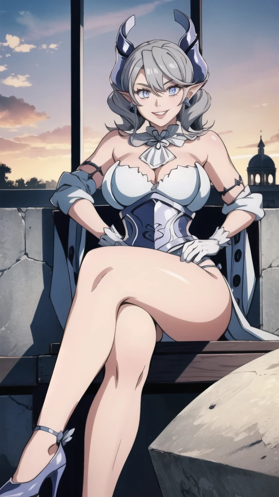 Beautiful arts wallpaper Sunset Outside castle top High level image quality best image quality 8K adult woman silver castle outside more colors whole body view portrait bikini blue horn ears short hair((shortcut)(gray hair)(perm)(fluffy)) eye color is blue , , attractive evil face , smile , labrynth , barearm ,gloves , wearing pink , sitting , crossed legs in style , from below view
