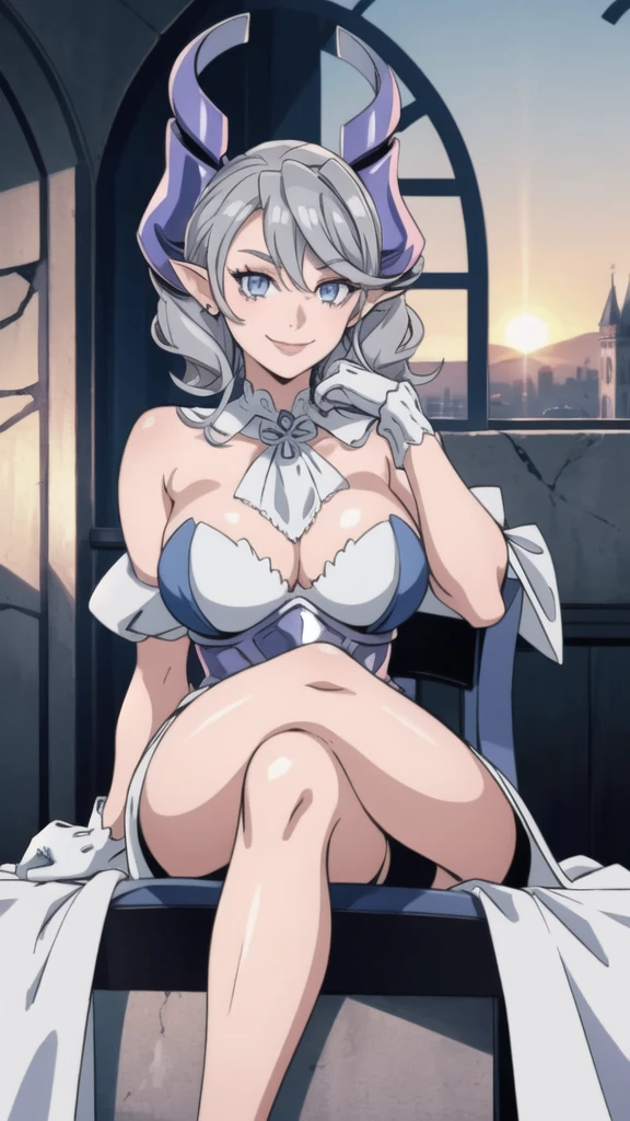 Beautiful arts wallpaper Sunset Outside castle top High level image quality best image quality 8K adult woman silver castle outside more colors whole body view portrait bikini blue horn ears short hair((shortcut)(gray hair)(perm)(fluffy)) eye color is blue , , attractive evil face , smile , labrynth , barearm ,gloves , wearing pink , sitting , crossed legs in style , from below view