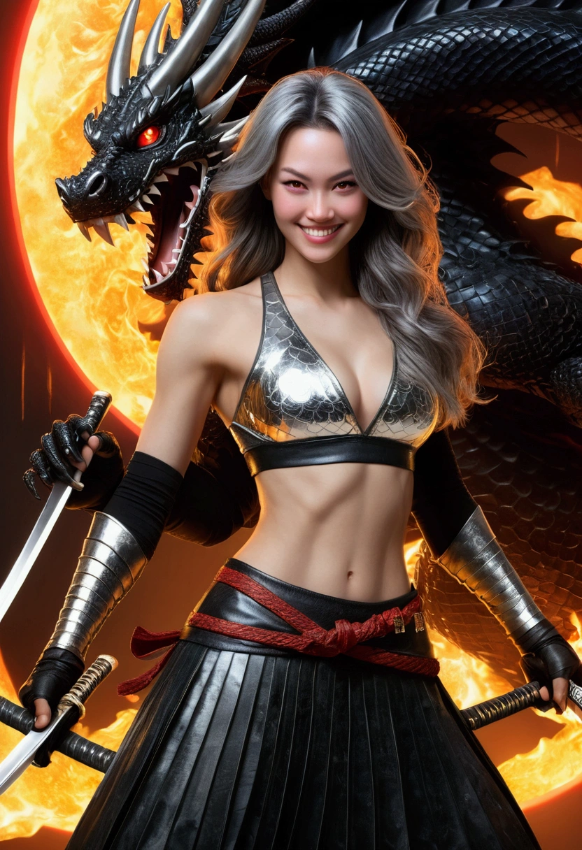 Masterpiece, Best quality, maximum detail, Female Succubus:1.5, stunningly beautiful:1.46, perfect skin:1.5, professional fashion model looks:1.6, perfect eyes:1.5, focused eyes:1.39, fierce gaze:1.35, (expressive neon-red eyes:1.2), crystalline, bright-red irises:1.5, super-detailed eyes:1.5, eye shine:1.53, Victoria's Secret "Angels" perfect body:1.35, perfect legs:1.5, top quality thighs:1.32, thighs, thigh gap:1.31, flawless calves:1.42, perfect breasts:1.5, medium-large breasts:1.5, perfect cleavage:1.49, (low cut top:1.61), sweaty skin:1.36, (glistening skin:1.4, skin shine:1.33), (textured skin), (mischievous smile:1.5), (long flowing silver:1.3 hair:1.47), (long voluminous hair:1.4), highly detailed hair:1.3, fractal art:1.13, (distressed leather pleated skirt:1.4), (distressed leather crop top:1.4), (wielding her intricate, (maximum-detailed katana):2, reflective steel kitana with light effects:1.44, (in a Kenjutsu stance):1.3, (burning vibrant blades of light power encircling her), (spiraling vortex of bright red God Rays:1.33), there is a (black dragon with polished metal scales), in the background:1.3), (it's fearsome head rearing back to strike), (((perfect lighting))) (background art style similar to James Jean), (stylized after the works of Yoji Shinkawa:1.45 and Ashley wood:1.41), ArtStation Challenge Winner, Venice Biennale's Golden Lion Winner, medium shot, (low angle POV:1.5), (POV full body shot:1.4), uplight lighting, golden hour, Octane render, masterpiece, Ultra fine details, 8k, 16k, UHD, Monte Carlo Ray Tracing, brandishing a katanas, super detailed katanas, fighting with katanas, holding the katanas, (in a defensive stance with two katanas, (holding katana swords up and ready:1.52), low angle, wide angle lens, key backlight, in (dynamic poses:1.5), natural beauty, (anatomically correct), (anatomical perfection), (anatomically well-proportioned:1.34) and (anatomically symmetrical):1.43, repeat positive prompts, repeat negative prompts