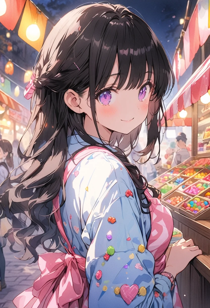 cute girl, watercolor, clear, anime style illustration, cute illustration, beautiful detail, fain touch outline, best quality, top quality, ultra detailed, masterpiece, beautiful detail, cute girl is wearing a apron, working, background candy shop, stall candy shop in the festival, lighting, night, colorful candies, many candies, smile, beautiful detail, cute illustration, cute girl