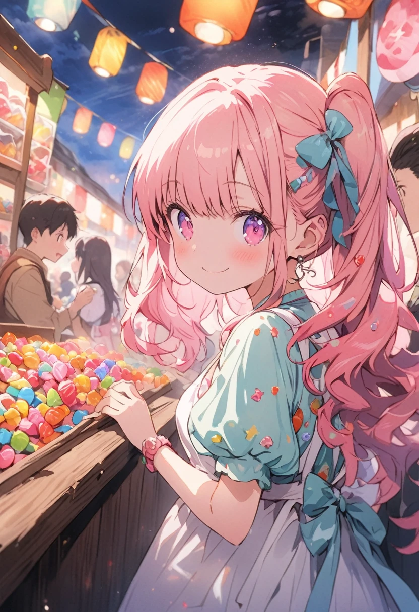cute girl, watercolor, clear, anime style illustration, cute illustration, beautiful detail, fain touch outline, best quality, top quality, ultra detailed, masterpiece, beautiful detail, cute girl is wearing a apron, working, background candy shop, stall candy shop in the festival, lighting, night, colorful candies, many candies, smile, beautiful detail, cute illustration, cute girl