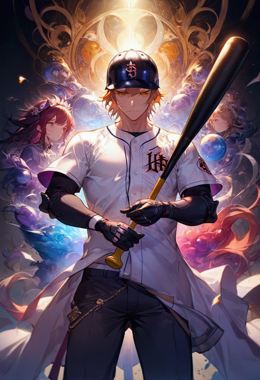 1boy, baseball player, batting stance, (alien dressed as a baseball player, batting) a masterpiece, 8k resolution, dark fantasy concept art, by Greg Rutkowski, dynamic lighting, hyperdetailed, intricately detailed, Splash screen art, trending on Artstation, deep color, Unreal Engine, volumetric lighting, Alphonse Mucha, Jordan Grimmer, purple and yellow complementary colours, masterpiece, best quality, very aesthetic, absurdres