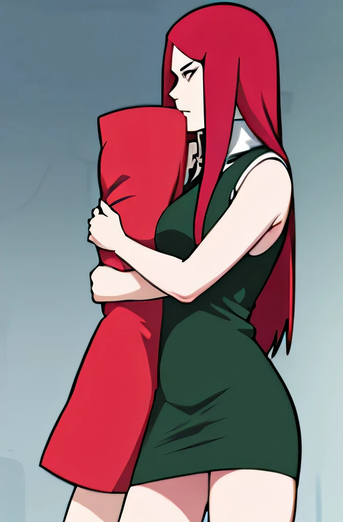 Madura Kushina Uzumaki ((whole body)), wearing a dress with a pale blue neckline, with a drink in hand, small breasts, thin legs, Red hair, hugging a .