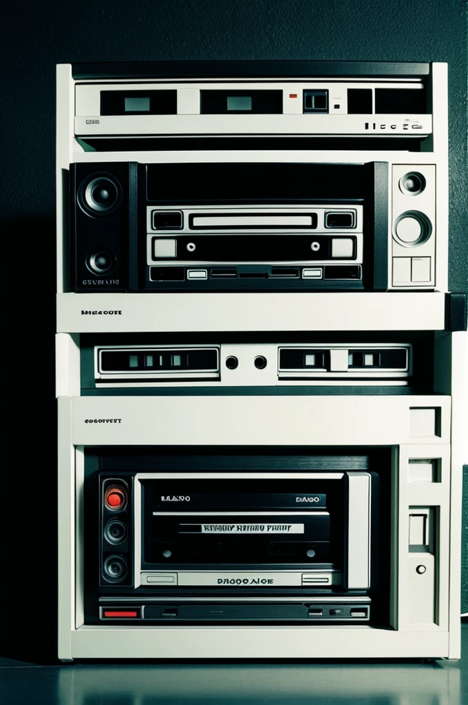 Cassette deck. Cassette doors in midke. Fluorescent display. Buttons: play, stop, pause, rewind, foreard, power . 80s style black 