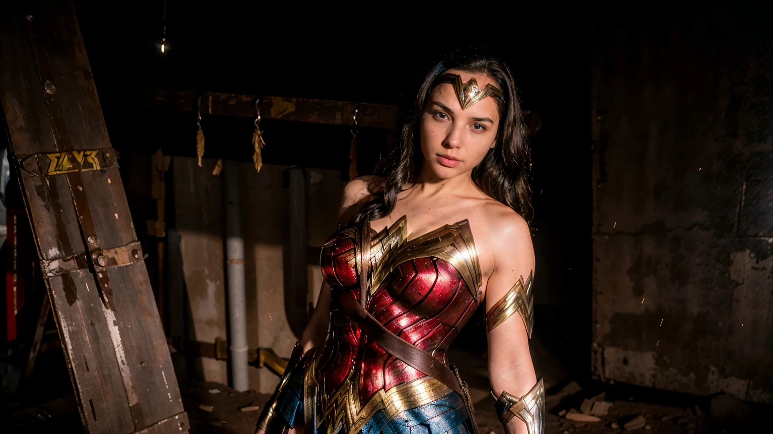 ((masterpiece), (solo character), (photorealistic:1.4), ),(best quality), (epiCRealLife), (g4lg), (wonder woman armor), (g4lg large ), (g4lg show cleavagl Godot in wonder woman costume), (lora:epiCFlashPhoto),(flashphoto), (flash photography) (look at viewers), (battlefield scene), (outdoor), (wonder woman shield), (wonder woman lasso)