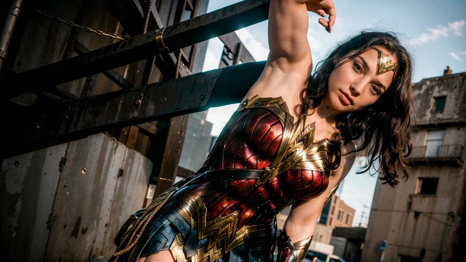 ((masterpiece), (solo character), (photorealistic:1.4), ),(best quality), (epiCRealLife), (g4lg), (wonder woman armor), (g4lg large breasts), (g4lg show cleavages), (Gal Godot in wonder woman costume), (lora:epiCFlashPhoto),(flashphoto), (flash photography) (look at viewers), (battlefield scene), (outdoor), (wonder woman shield), (wonder woman lasso)