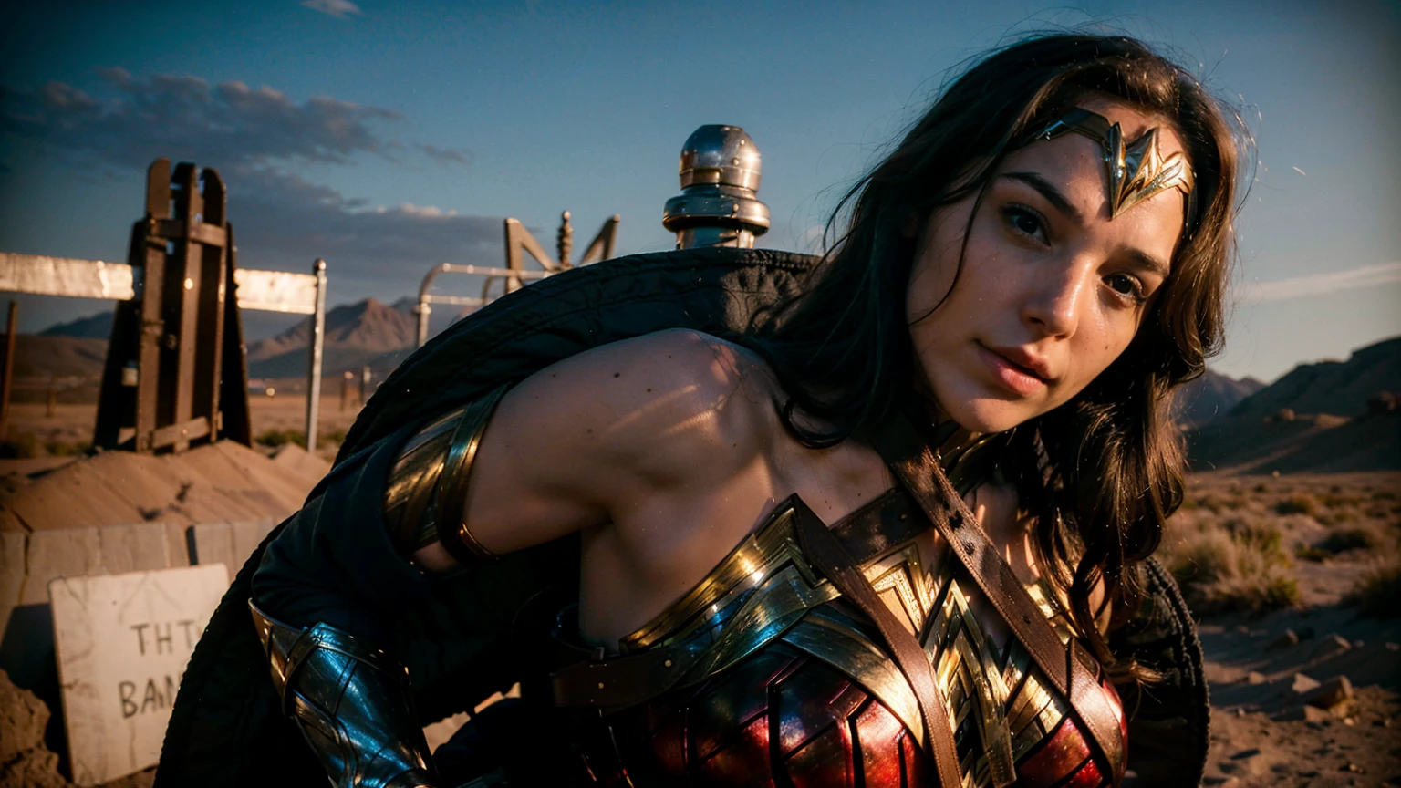 ((masterpiece), (solo character), (photorealistic:1.4), ),(best quality), (epiCRealLife), (g4lg), (wonder woman armor), (g4lg large breasts), (g4lg show cleavages), (Gal Godot in wonder woman costume), (lora:epiCFlashPhoto),(flashphoto), (flash photography) (look at viewers),  (battlefield scene), (outdoor),  (wonder woman shield), (wonder woman lasso)