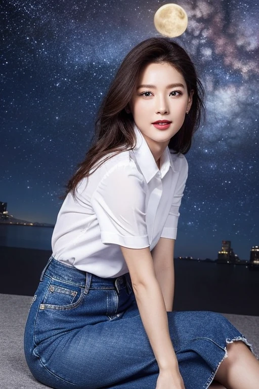 (Highest quality、Ultra-high resolution、masterpiece),(Delicate face,Detailed eyes and face、double eyelid、Glossy red lips)、Collared shirt、(Denim midi skirt:1.2)、(silk pantyhose)、High heels、Long, slender legs,Sitting pose, High-definition skin texture、Happy expression、Large Breasts、Night in the background、Wind、Starry Sky、moon、((Full body portrait))
