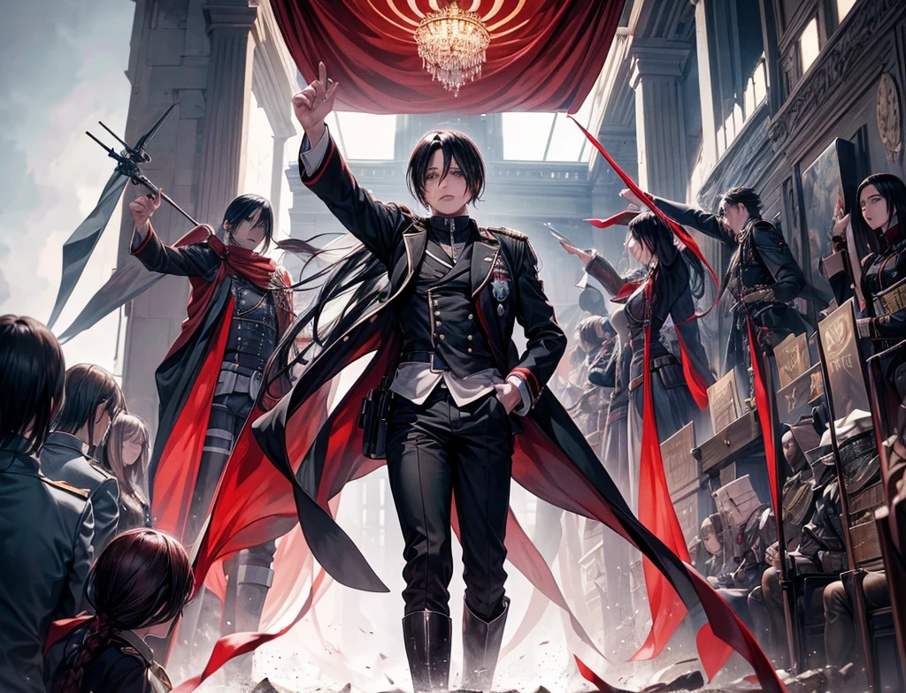 The commander of the army (he looks like Sebastian Michaelis) making a speech to his entire army on a campaign and her beautiful adjutant (she looks like Mikasa from attack on Titan) is with his side raising her right hand high 

The thousands of soldiers are cheering for them