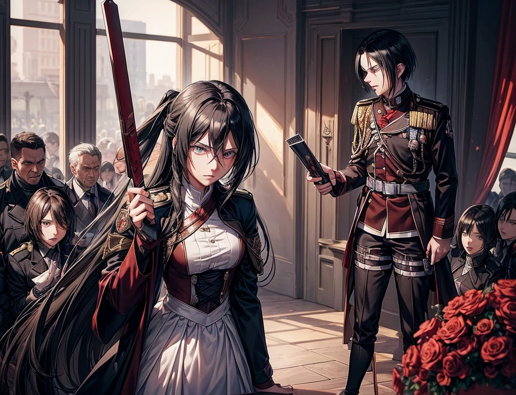 The commander of the army (he looks like Sebastian Michaelis) making a speech to his entire army on a campaign and her beautiful adjutant (she looks like Mikasa from attack on Titan) is with his side raising her right hand high
The thousands of soldiers are cheering for them