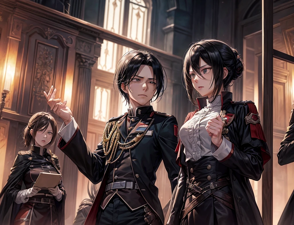 The commander of the army (he looks like Sebastian Michaelis) making a speech to his entire army on a campaign and her beautiful adjutant (she looks like Mikasa from attack on Titan) is with his side raising her right hand high
The thousands of soldiers are cheering for them