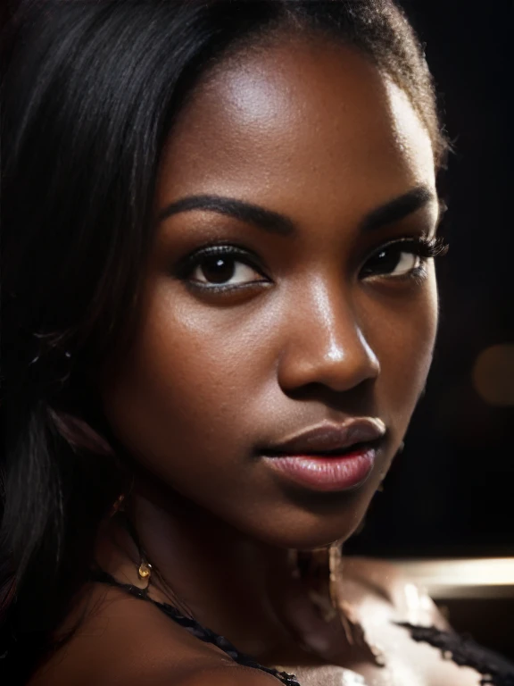 professional, atmospheric lighting, illustration, cover, (black:1.2), (portrait), splash, beautiful face detail, hazel eyes, (attractive young woman:1.3), (seductive:1.1), hips, dark skin, Beautiful African American Woman, ((huge lips)), eyelashes, One, 1 girl, sultry expression on his face, (squint your eyes:1:1.3) contour