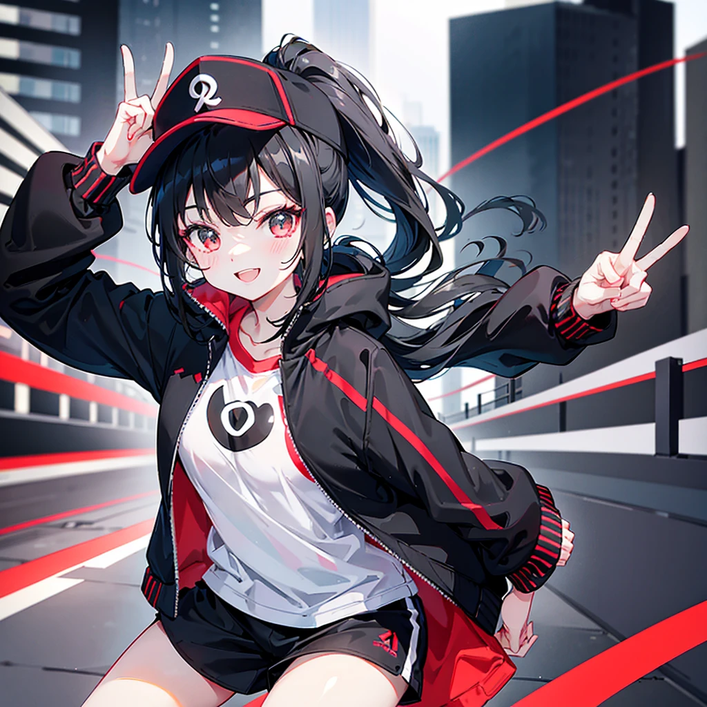 (ponytail),(Black Hair),beautiful girl,Peace sign near face, Wear a black hat,Red sneakers,In the crowd,White tops,Black jacket,Black shorts,Tall buildings,signal machine,A lot of people,smile,10メートル離れている