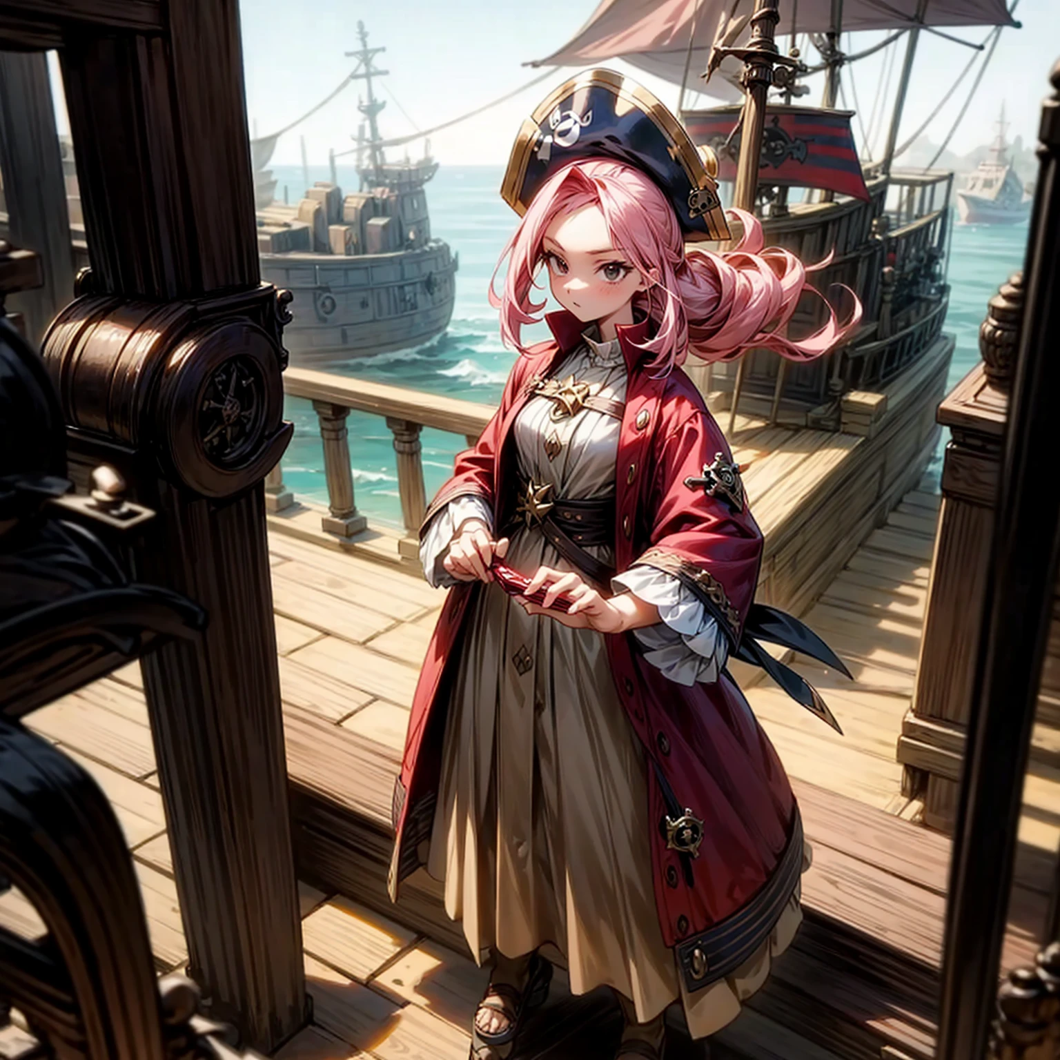 1girl, Full body version, 1character, girl version, black eyes, long Curly haircut, pink colour hair, ancient pirate style clothing, red colour clothing, Grassroots, background in the ship, motion blur, (pokemon style), standing gesture, pirate hat,
