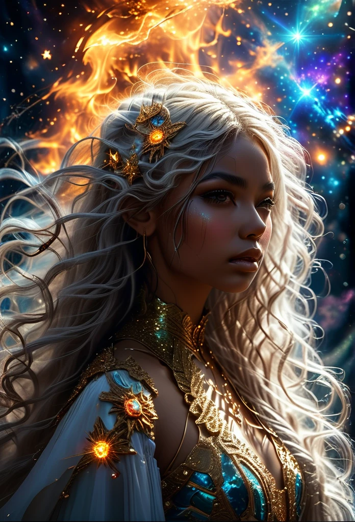 In a celestial dreamland landscape, people dressed luxuous, differents faces, they are all brown skin, (((in 40's))) (((two brown skin men and two brown skin whitehair:1.7 woman))), (((two young brown skin long brown hair prine:1.3))), (((one brown skin whitehair1.5 woman))) and (((one white hair woman1.3))) trying to kill him with powers, dangerous scene, war, battle, luminuous stars, chaos, fire, destrctions, 8K, extremely detailed, high quality, (photorealistic:1.37), Full body, vibrant colors, perfect lighting, soulful expressions, celestial aura, majestic presence, dreamlike atmosphere, 8 k artistic photography, photorealistic concept art, soft natural volumetric cinematic perfect 
