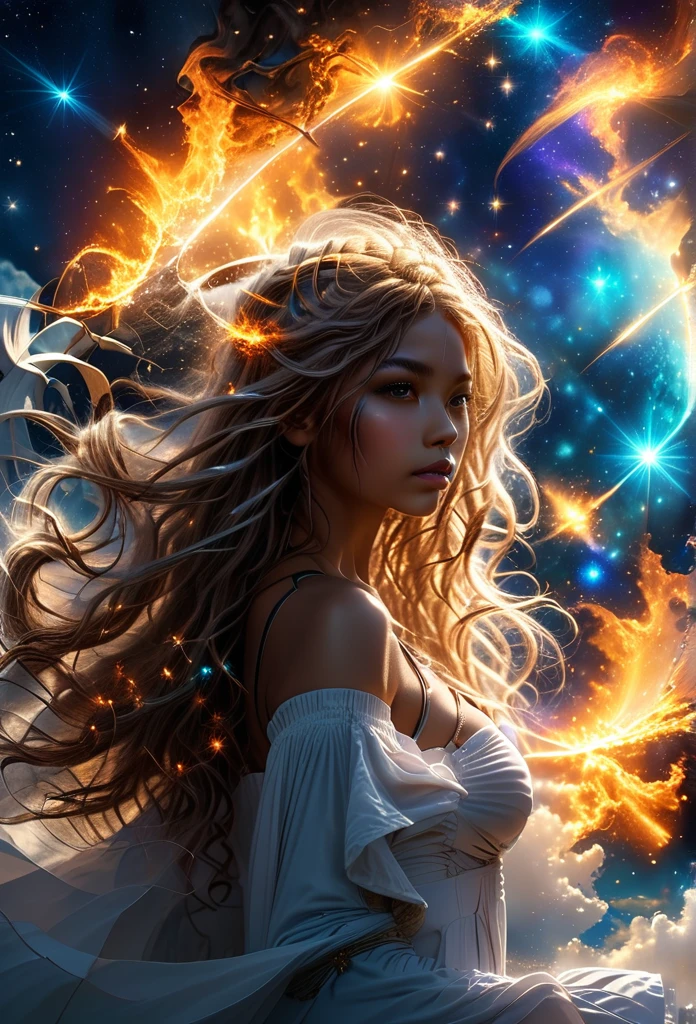 In a celestial dreamland landscape, people dressed luxuous, differents faces, they are all brown skin, (((in 40's))) (((two brown skin men and two brown skin whitehair:1.7 woman))), (((two young brown skin long brown hair prine:1.3))), (((one brown skin whitehair1.5 woman))) and (((one white hair woman1.3))) trying to kill him with powers, dangerous scene, war, battle, luminuous stars, chaos, fire, destrctions, 8K, extremely detailed, high quality, (photorealistic:1.37), Full body, vibrant colors, perfect lighting, soulful expressions, celestial aura, majestic presence, dreamlike atmosphere, 8 k artistic photography, photorealistic concept art, soft natural volumetric cinematic perfect 
