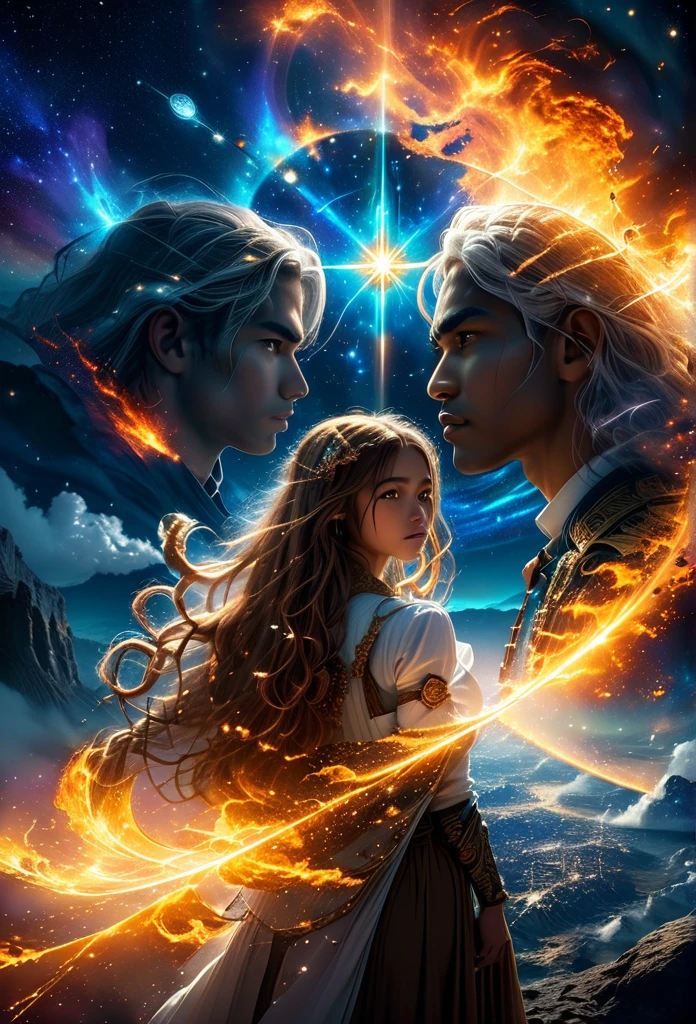 In a celestial dreamland landscape, people dressed luxuous, differents faces, they are all brown skin, (((in 40's))) (((two brown skin men and two brown skin whitehair:1.7 woman))), (((two young brown skin long brown hair prine:1.3))), (((one brown skin whitehair1.5 woman))) and (((one white hair woman1.3))) trying to kill him with powers, dangerous scene, war, battle, luminuous stars, chaos, fire, destrctions, 8K, extremely detailed, high quality, (photorealistic:1.37), Full body, vibrant colors, perfect lighting, soulful expressions, celestial aura, majestic presence, dreamlike atmosphere, 8 k artistic photography, photorealistic concept art, soft natural volumetric cinematic perfect