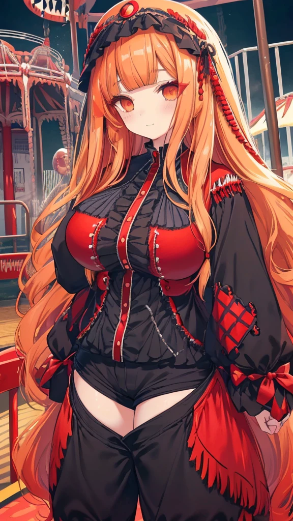 best quality, extremely detailed,anime style girl,((wavy)) long hair,((((blunt bangs)))),(hair between eyes),bright blond hair,beautiful detailed eyes,Orange eyes,Sharp eyes with many eyelashes,huge breasts,((((casual black and scarlet clothing)))),short pants,trousers,hair ornament,((((amusement park)))),smile,dynamic pose