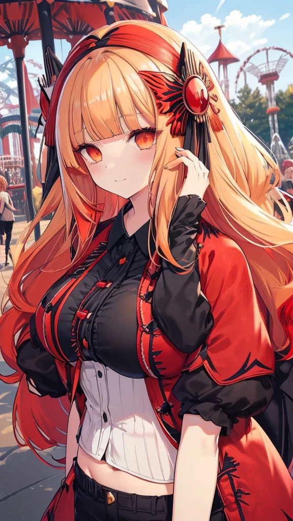 best quality, extremely detailed,anime style girl,((wavy)) long hair,((((blunt bangs)))),(hair between eyes),bright blond hair,beautiful detailed eyes,Orange eyes,Sharp eyes with many eyelashes,huge breasts,((((casual black and scarlet clothing)))),short pants,trousers,hair ornament,((((amusement park)))),smile,dynamic pose