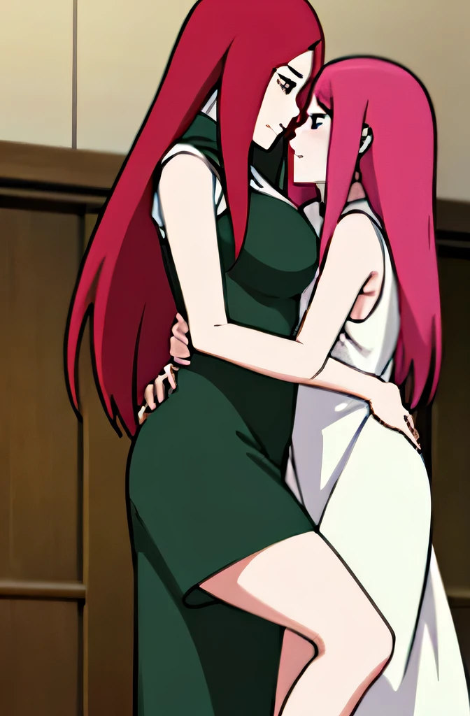 Madura Kushina Uzumaki ((whole body)), wearing a dress with a pale blue neckline, with a drink in hand, small breasts, thin legs, Red hair, hugging a .