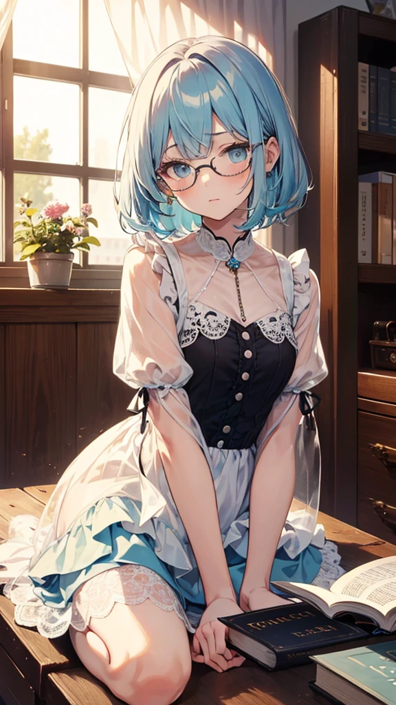 (masterpiece), (best quality), ((very detailed)), (very delicate), (A young girl),10-year-old girl, silver short hair. Soft, shiny hair. Clear cyan droopy eyes, long bangs covering her eyes. Wears glasses to avoid eye contact., Cute frilly dress with detailed textures, Luxurious room with bookshelves and fancy furniture. Often reading books,Shy, always looking down, lacking confidence, on the verge of tears
